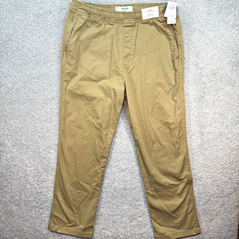 NWT Hollister Mens Straight Pull On Pants Size XL Khaki Tan Stretch Zip Pocket